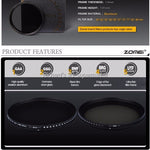 ZOMEI Glass Slim ND2-400 Neutral Density Fader Variable ND filter Adjustable 49/52/55/58/62/67/72/77/82mm