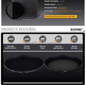 ZOMEI Glass Slim ND2-400 Neutral Density Fader Variable ND filter Adjustable 49/52/55/58/62/67/72/77/82mm